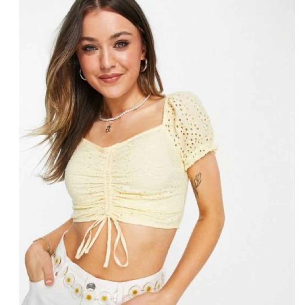 NWT Hollister Eyelet Cinch Puff-Sleeve Crop Top